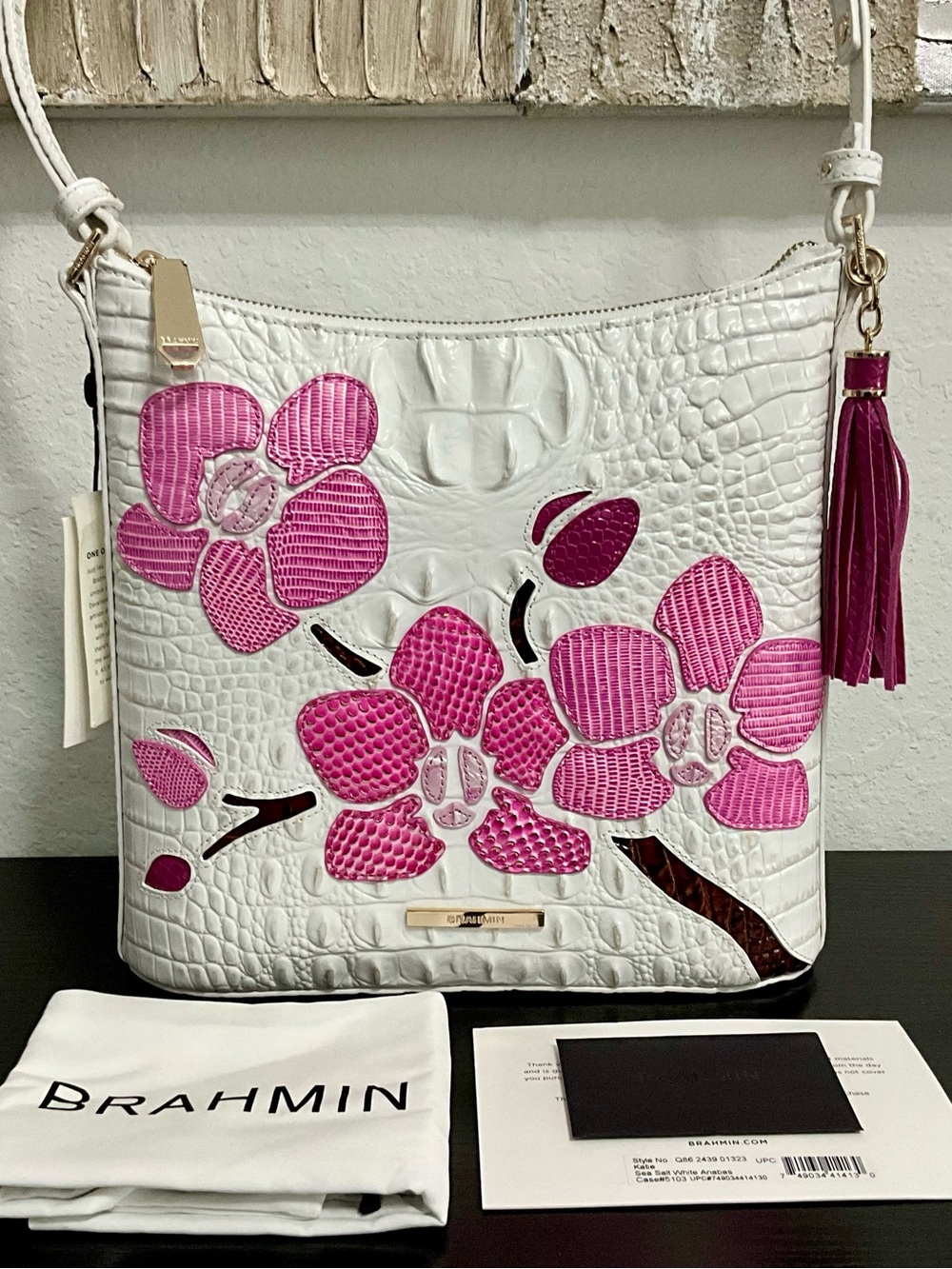 Brahmin Katie SEA SALT WHITE ANABAS Appliquéd Floral W/2 Eyes